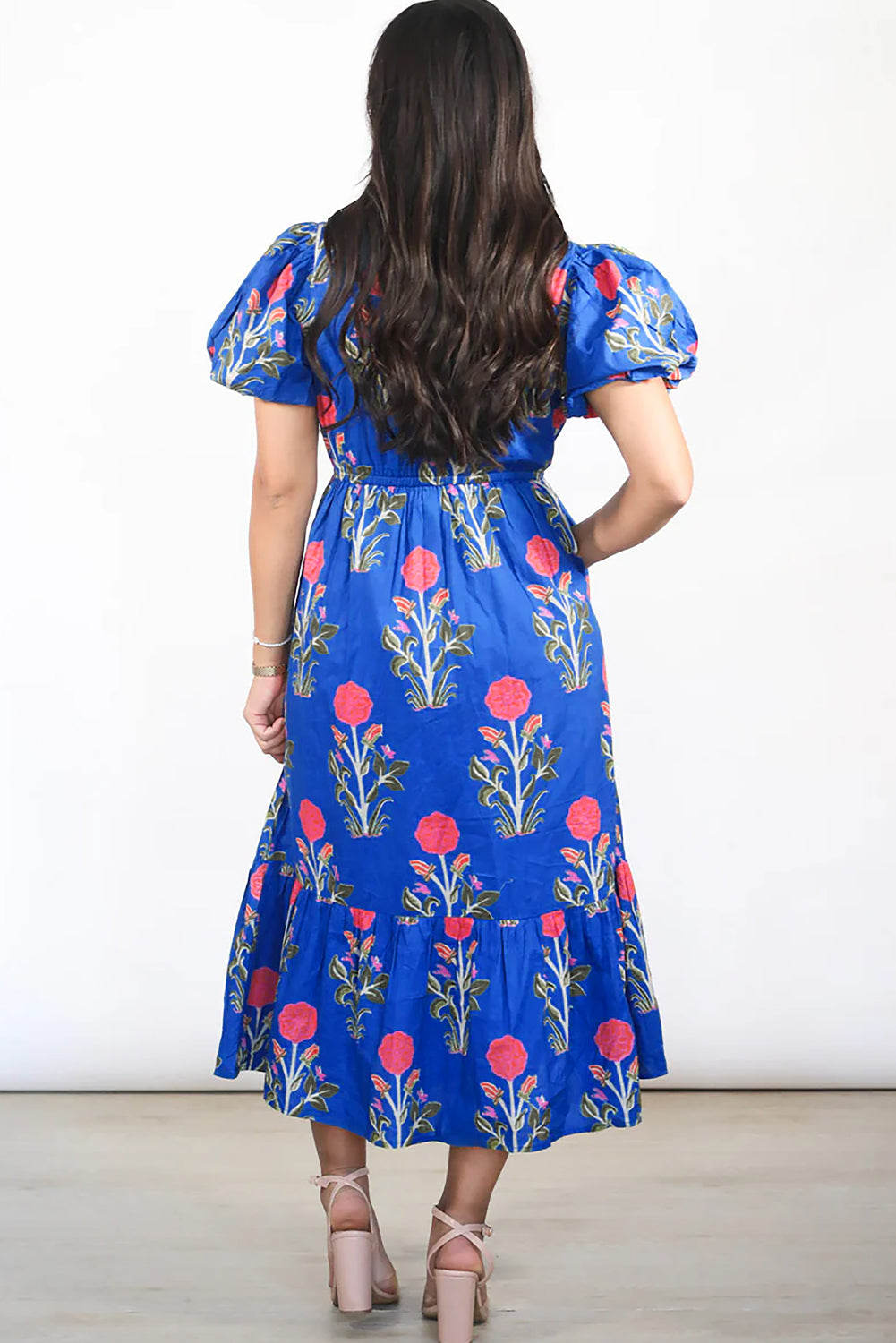 White Floral Puff Short Sleeve V Neck High Waist Maxi Dress-TOPS / DRESSES-[Adult]-[Female]-2022 Online Blue Zone Planet