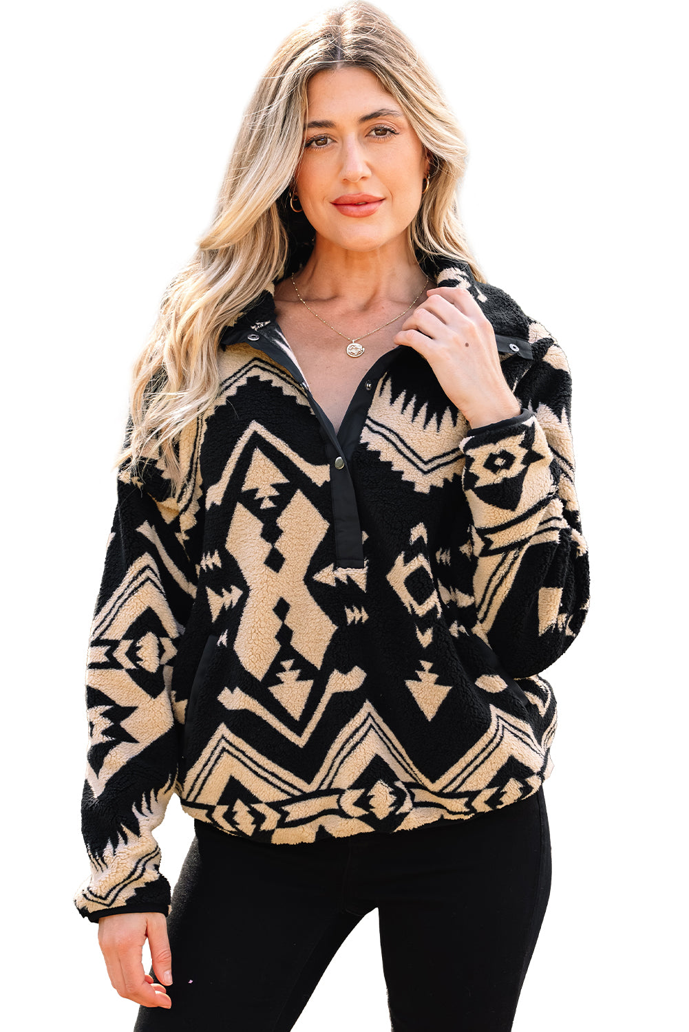 Black Western Aztec Half Zip Plush Sweatshirt-Tops/Sweatshirts & Hoodies-[Adult]-[Female]-2022 Online Blue Zone Planet