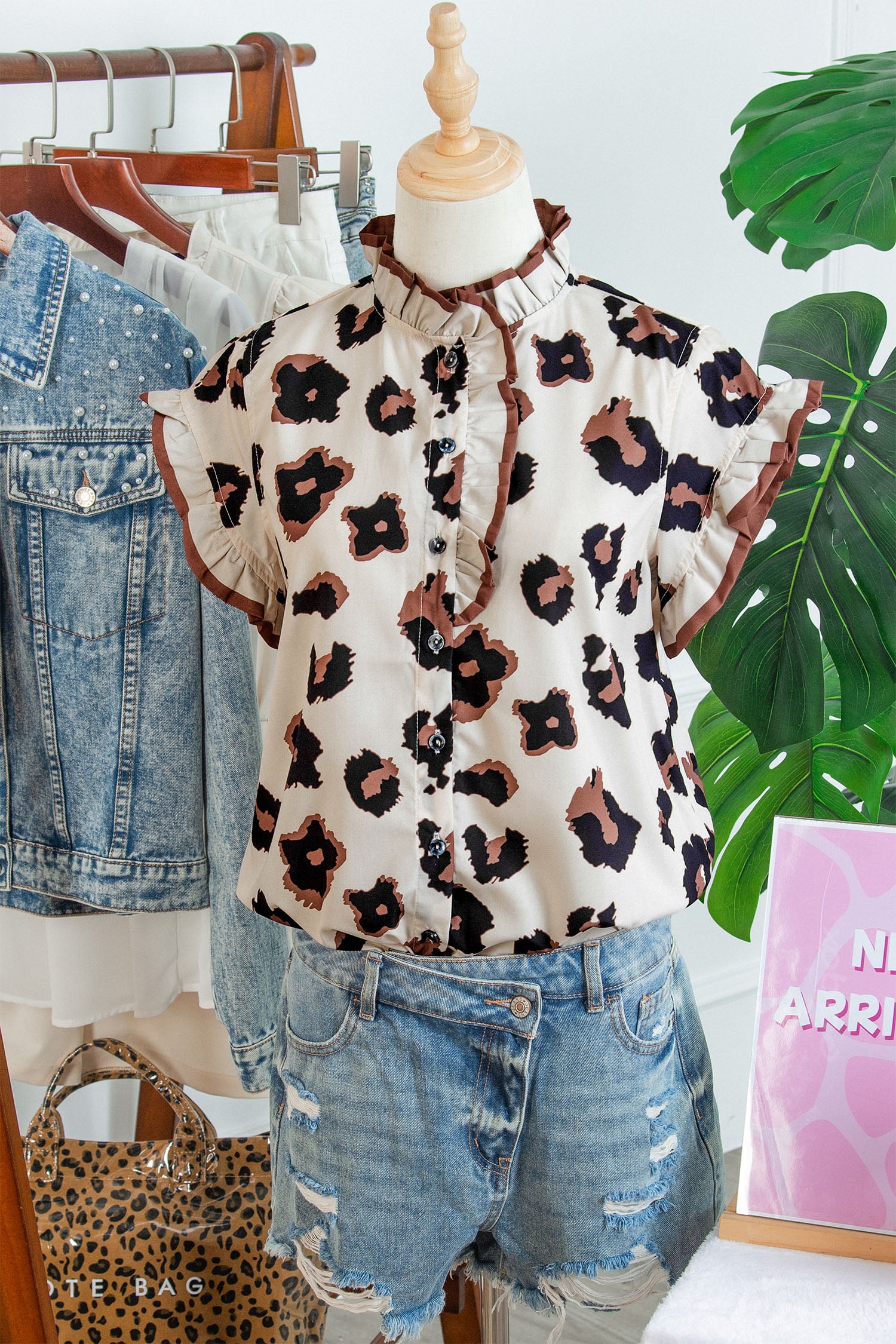 Khaki Leopard Printed Ruffle Sleeve Summer Blouse-Tops/Blouses & Shirts-[Adult]-[Female]-2022 Online Blue Zone Planet