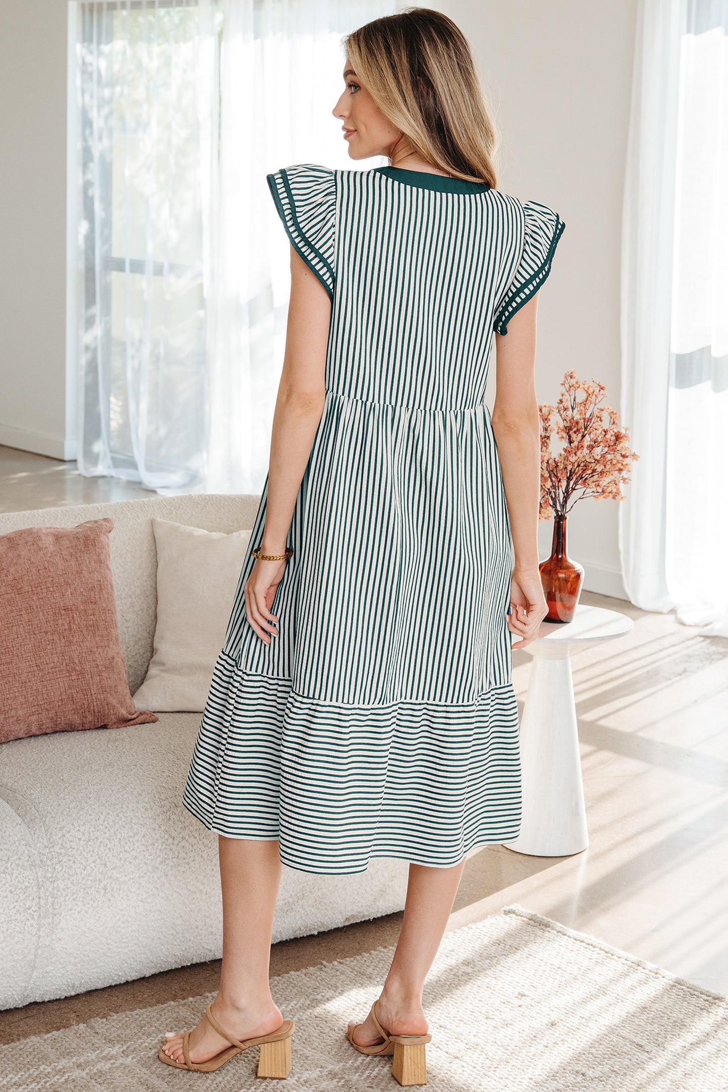 Green Stripe Double Ruffled Short Sleeve Contrast Trim V Neck Midi Dre Green Stripe Double Ruffled Short Sleeve Contrast Trim V Neck Midi Dre