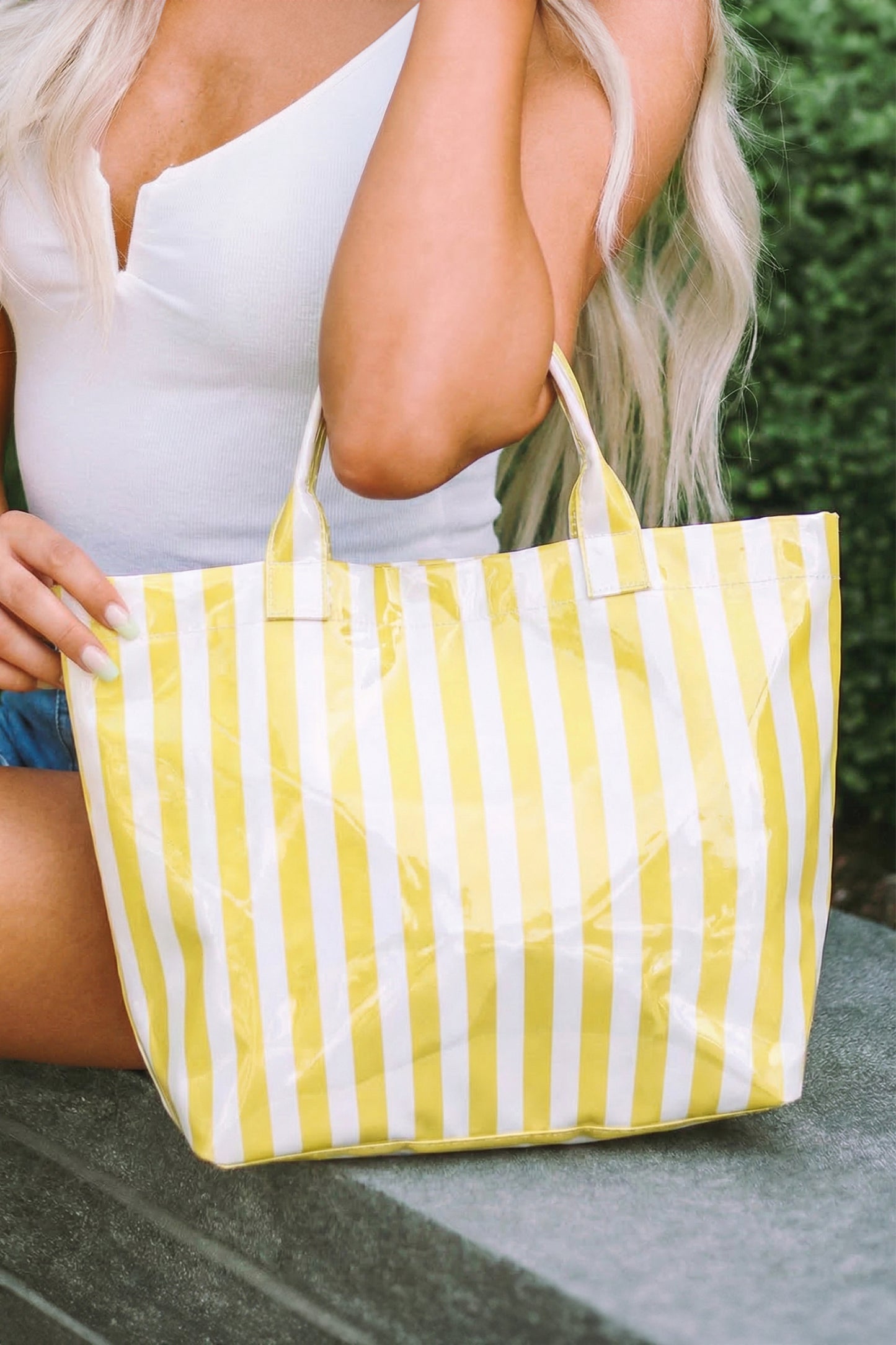 Blackish Green Glossy Striped Vinyl Large Tote Bag-Shoes & Bags/Handbags-[Adult]-[Female]-2022 Online Blue Zone Planet