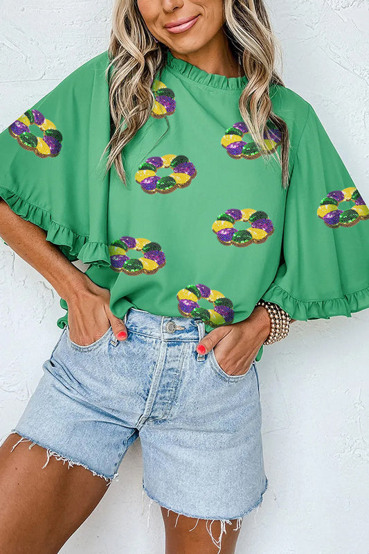 Green Sequin Doughnut Graphic Ruffled Trim Bell Sleeve Mardi Gras Blouse-Tops/Blouses & Shirts-[Adult]-[Female]-Green-S-2022 Online Blue Zone Planet