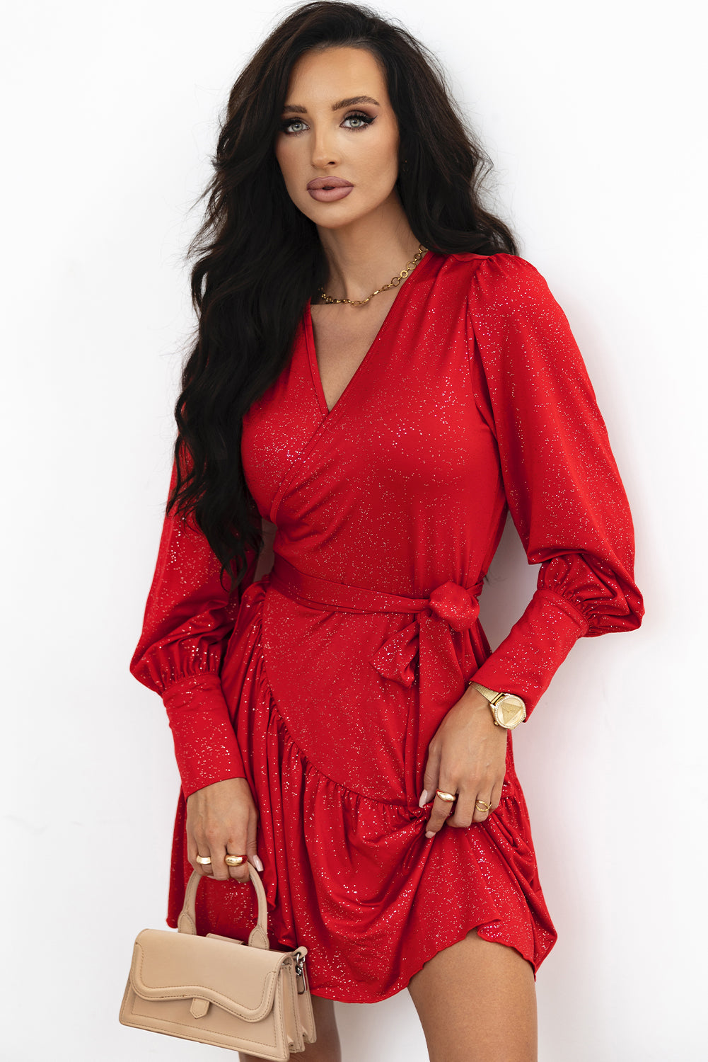 Racing Red Tinsel Buttoned Bishop Sleeve Surplice Neck Ruffled Mini Dress-Dresses/Mini Dresses-[Adult]-[Female]-2022 Online Blue Zone Planet