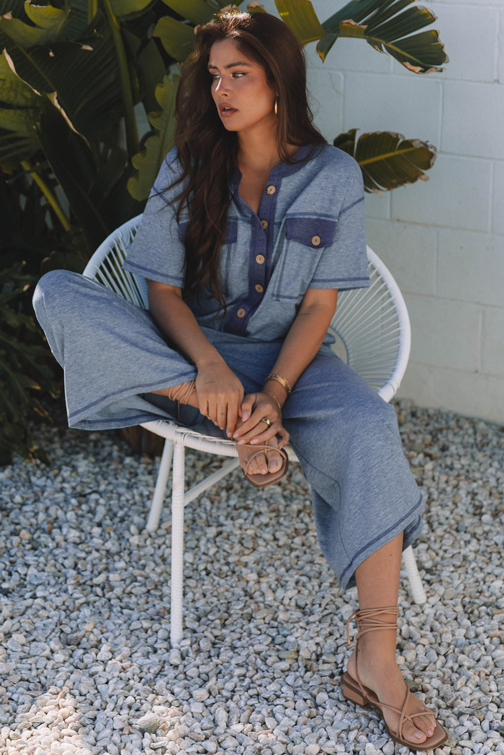 Beau Blue Half Placket Chest Pockets Short Sleeve Wide Leg Jumpsuit-Bottoms/Jumpsuits & Rompers-[Adult]-[Female]-2022 Online Blue Zone Planet
