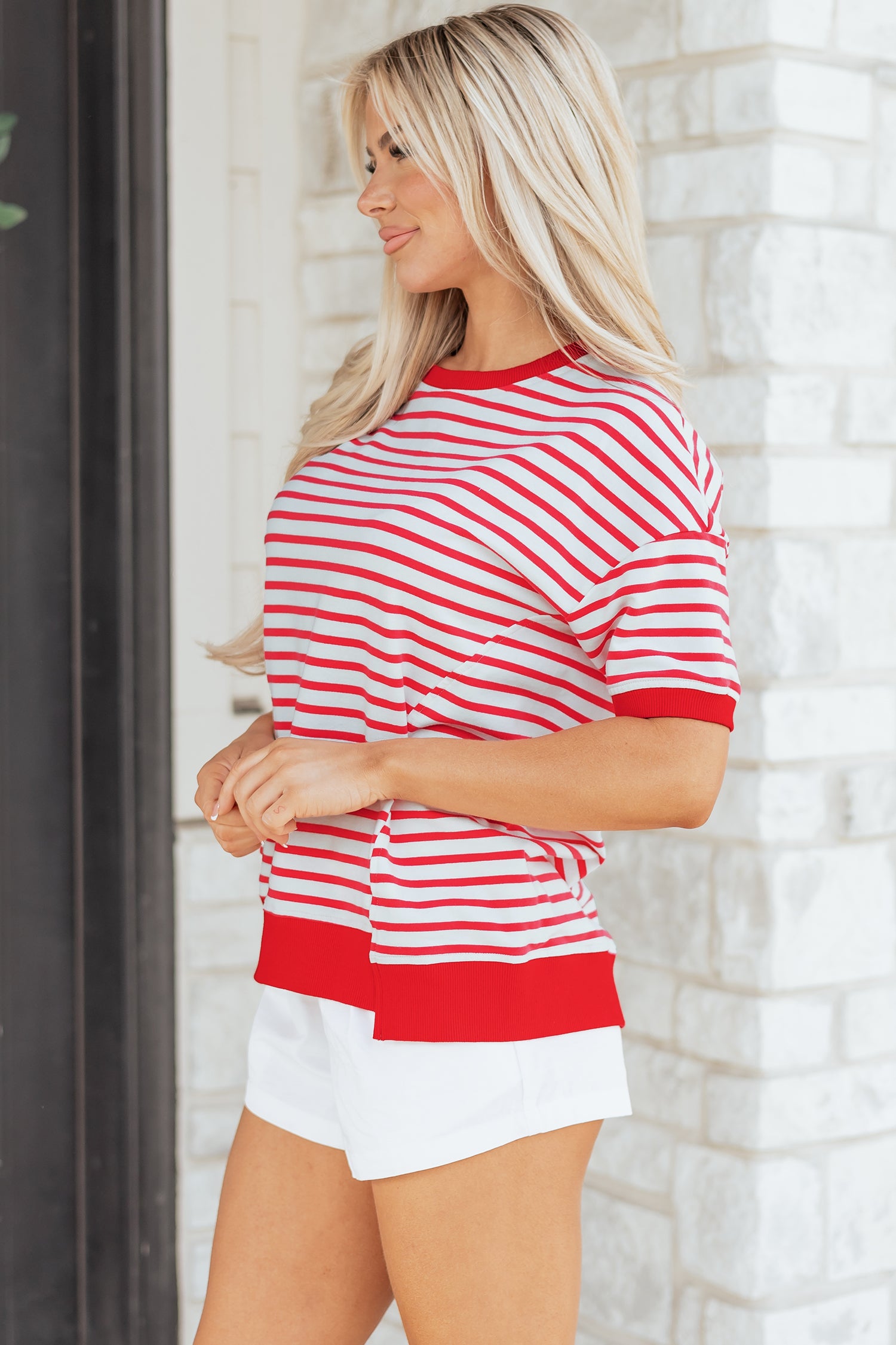 Red Stripe Drop Shoulder Half Sleeve T Shirt-Tops/Tops & Tees-[Adult]-[Female]-2022 Online Blue Zone Planet