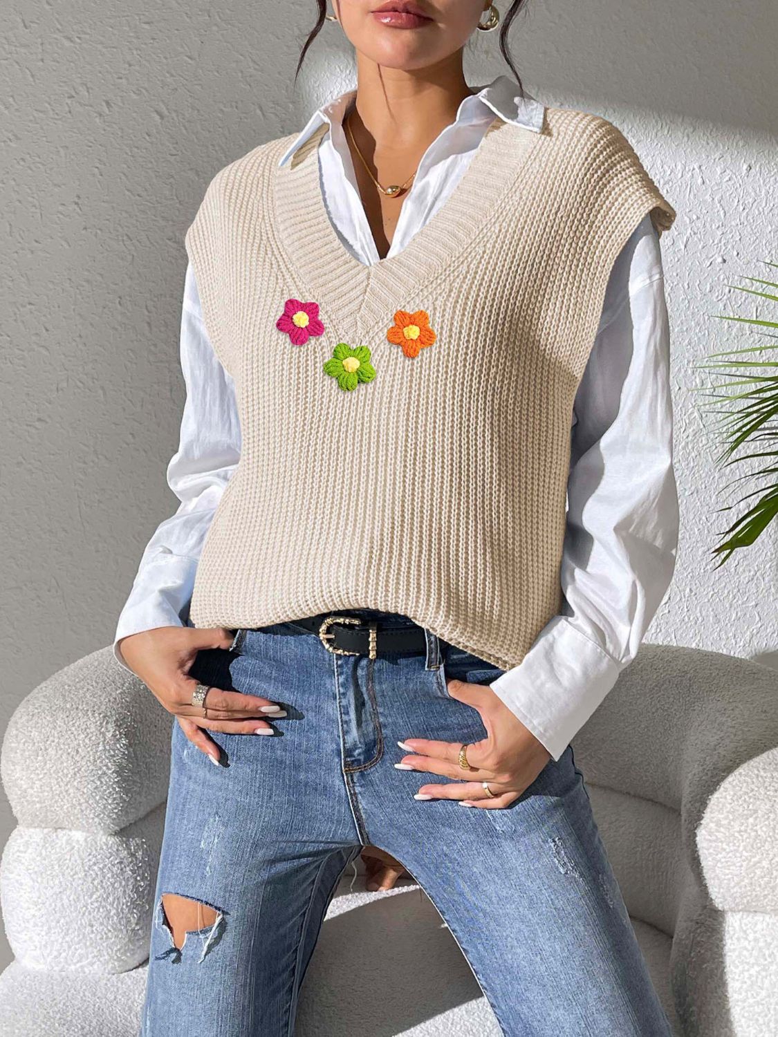 Flower V-Neck Sweater Vest-TOPS / DRESSES-[Adult]-[Female]-2022 Online Blue Zone Planet