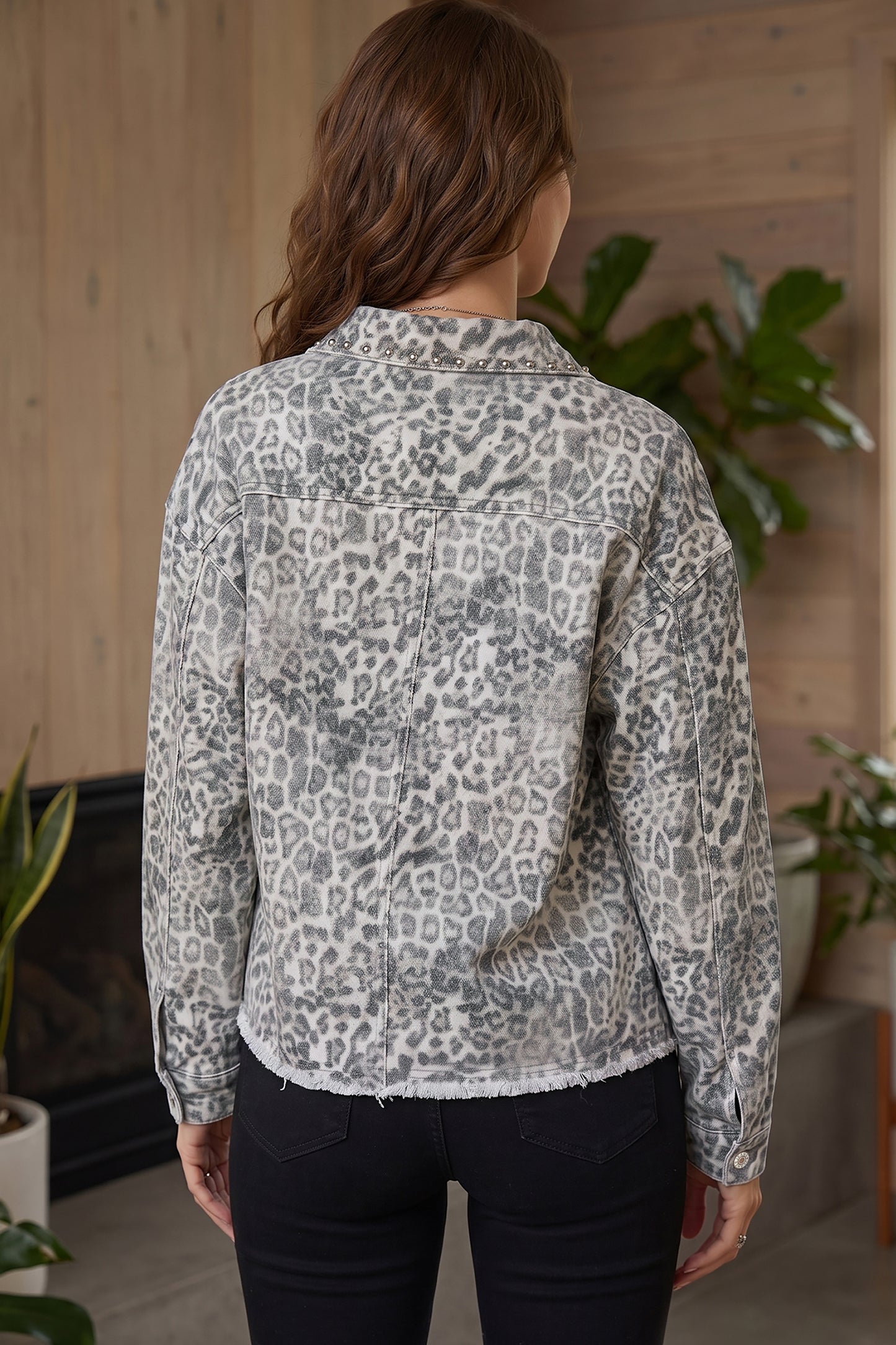 Khaki Leopard Print Studded Collar Studded Patch Pocket Denim Jacket-Outerwear/Denim jackets-[Adult]-[Female]-2022 Online Blue Zone Planet