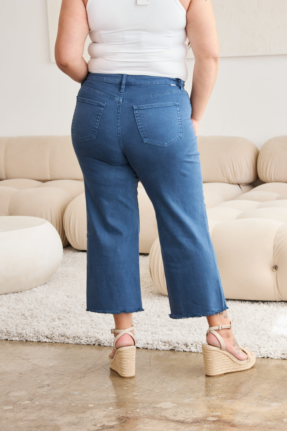 RFM Crop Chloe Full Size Tummy Control High Waist Raw Hem Jeans-BOTTOM SIZES SMALL MEDIUM LARGE-[Adult]-[Female]-2022 Online Blue Zone Planet