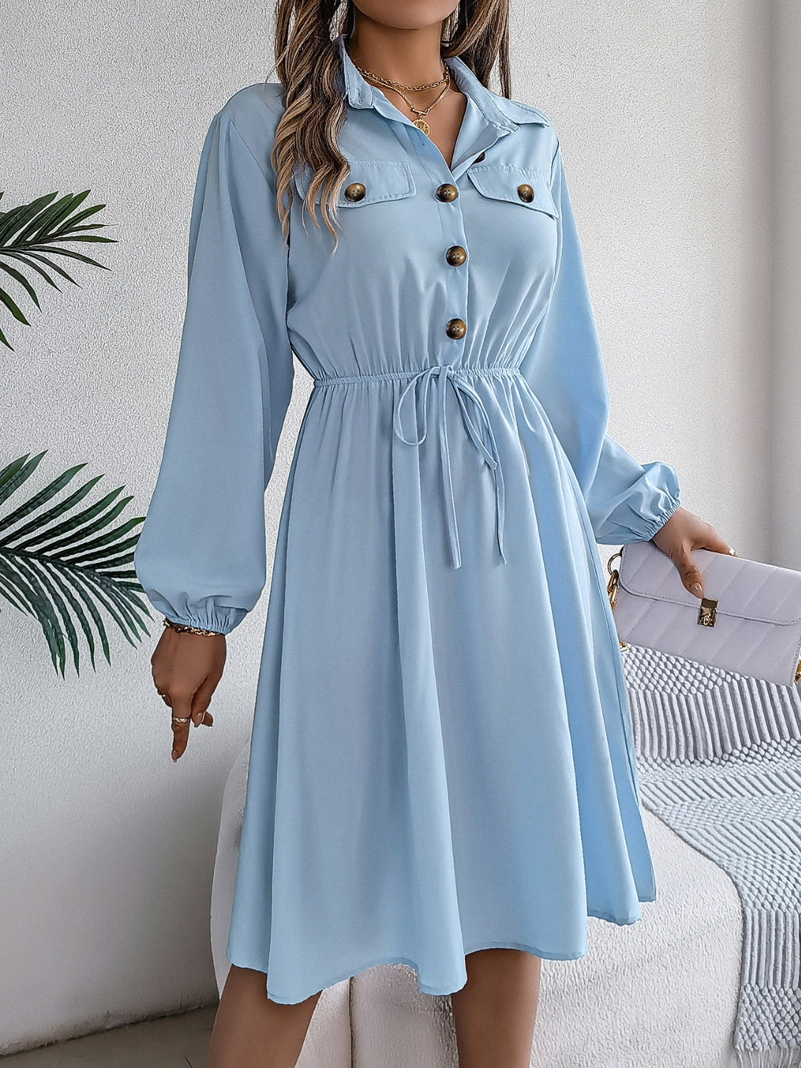 Blue Zone Planet | Collared Neck Long Sleeve Dress with Pockets-TOPS / DRESSES-[Adult]-[Female]-2022 Online Blue Zone Planet