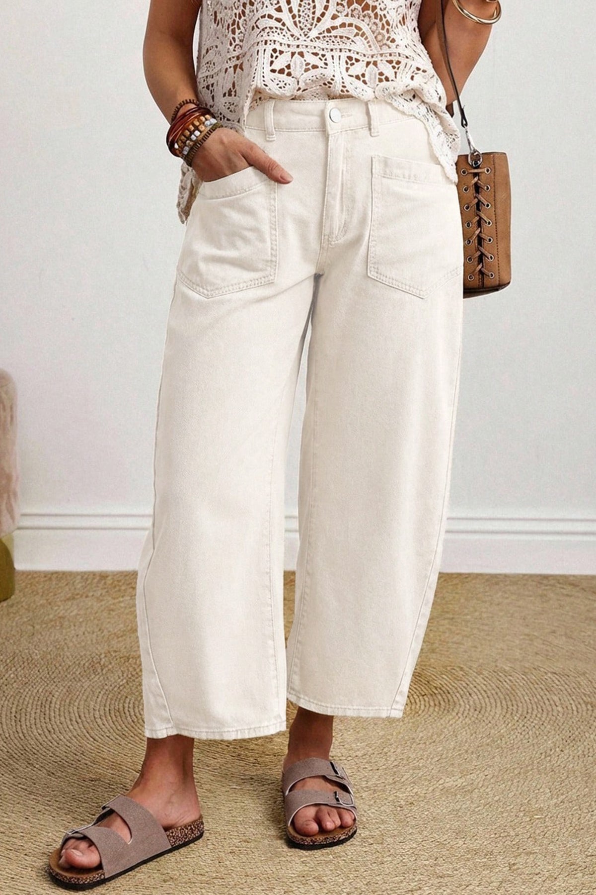 Beige Solid Color Square Patch Pocket Ankle-length Barrel Jeans-Bottoms/Jeans-[Adult]-[Female]-Beige-4-2022 Online Blue Zone Planet