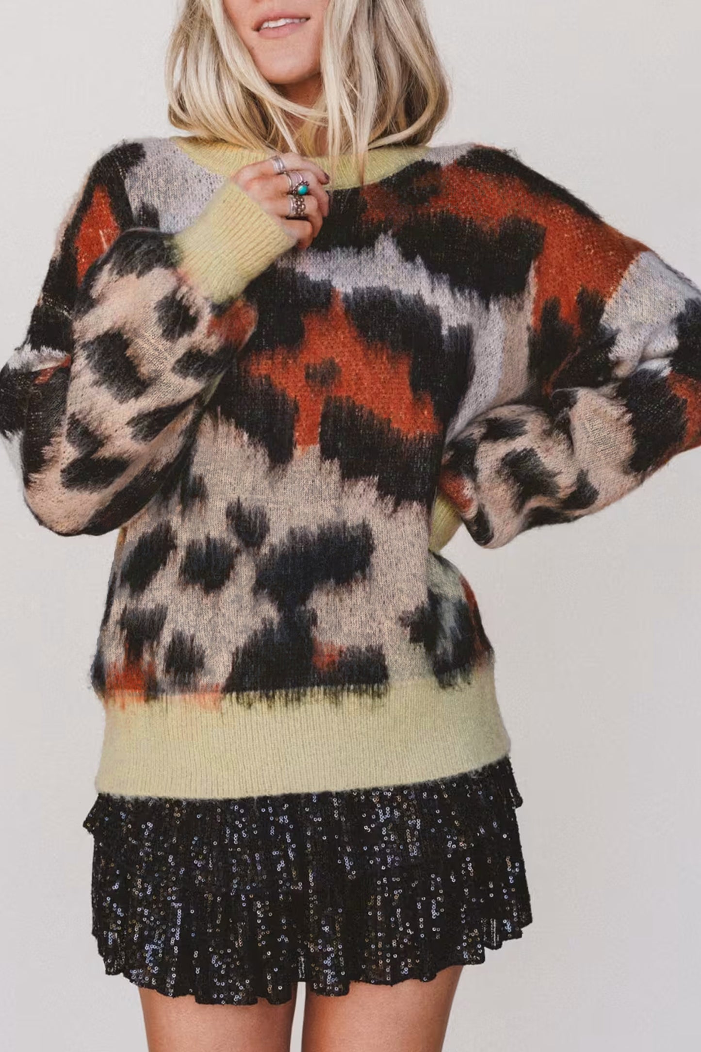 Khaki Leopard Print Drop Shoulder Long Sleeve Round Neck Sweater-Sweaters & Cardigans/Sweaters-[Adult]-[Female]-Khaki-S-2022 Online Blue Zone Planet
