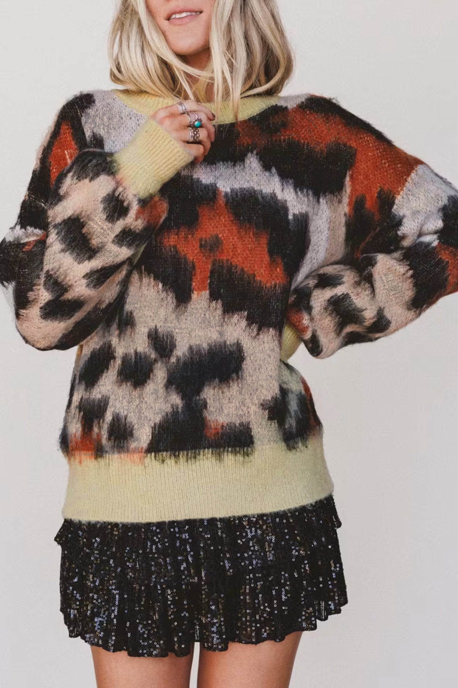 Khaki Leopard Print Drop Shoulder Long Sleeve Round Neck Sweater-Sweaters & Cardigans/Sweaters-[Adult]-[Female]-Khaki-S-2022 Online Blue Zone Planet