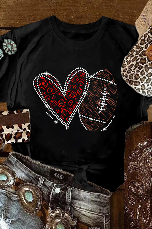 Black Rhinestone Rugby Football Heart Shape Graphic T Shirt-Graphic/Graphic Tees-[Adult]-[Female]-Black-S-2022 Online Blue Zone Planet