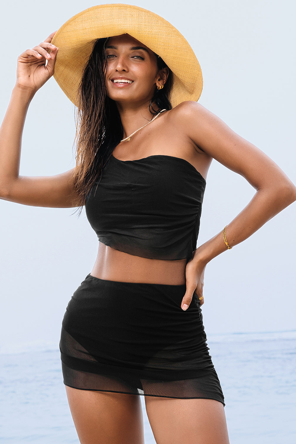 Black Pleated Mesh One Shoulder Bikini Top and Skirts Set-Swimwear/Bikinis-[Adult]-[Female]-2022 Online Blue Zone Planet