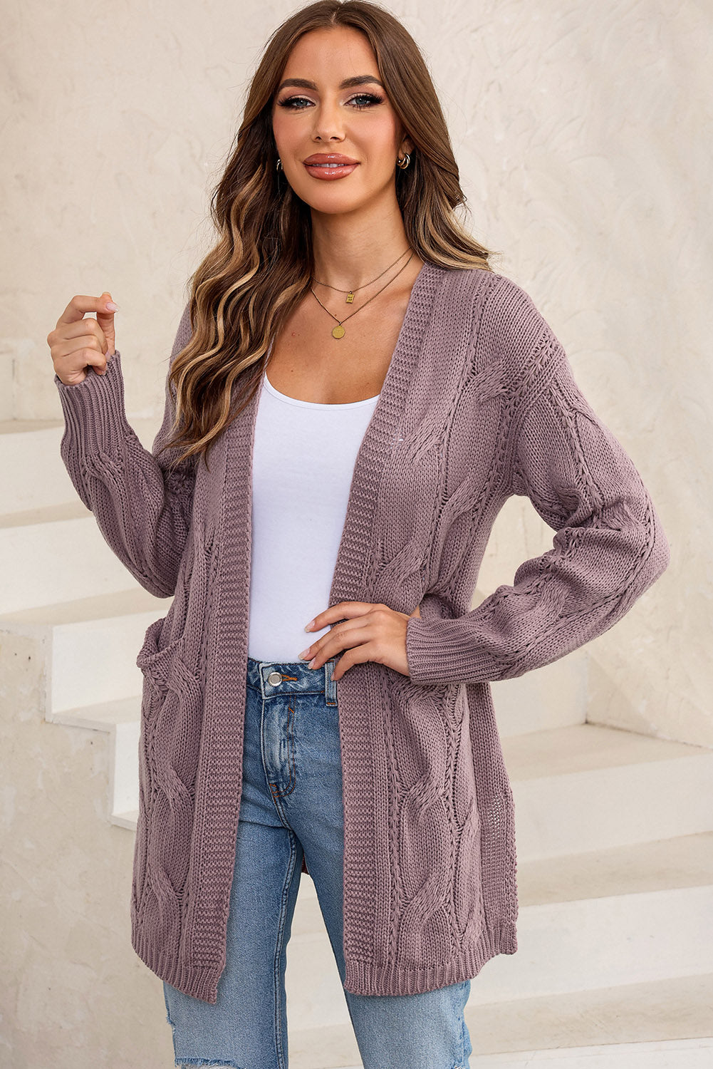 Cable-Knit Dropped Shoulder Cardigan BLUE ZONE PLANET