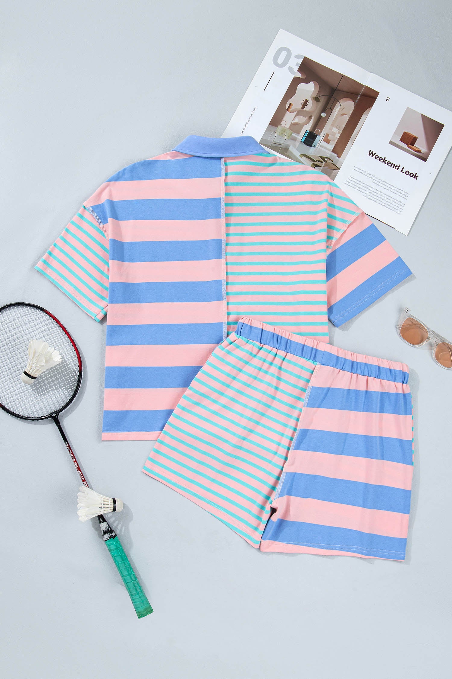 Pink Stripe Exposed Seam Mixed Patchwork Loose Short Set-Two Piece Sets/Short Sets-[Adult]-[Female]-2022 Online Blue Zone Planet