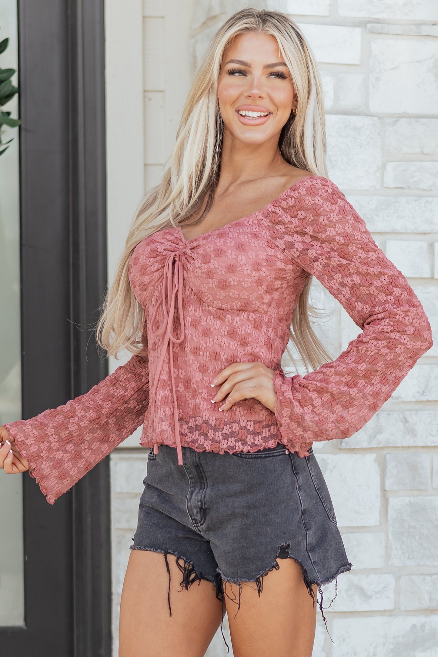 Peach Blossom Drawstring Knot Detail Floral Lace Blouse-Tops/Blouses & Shirts-[Adult]-[Female]-2022 Online Blue Zone Planet