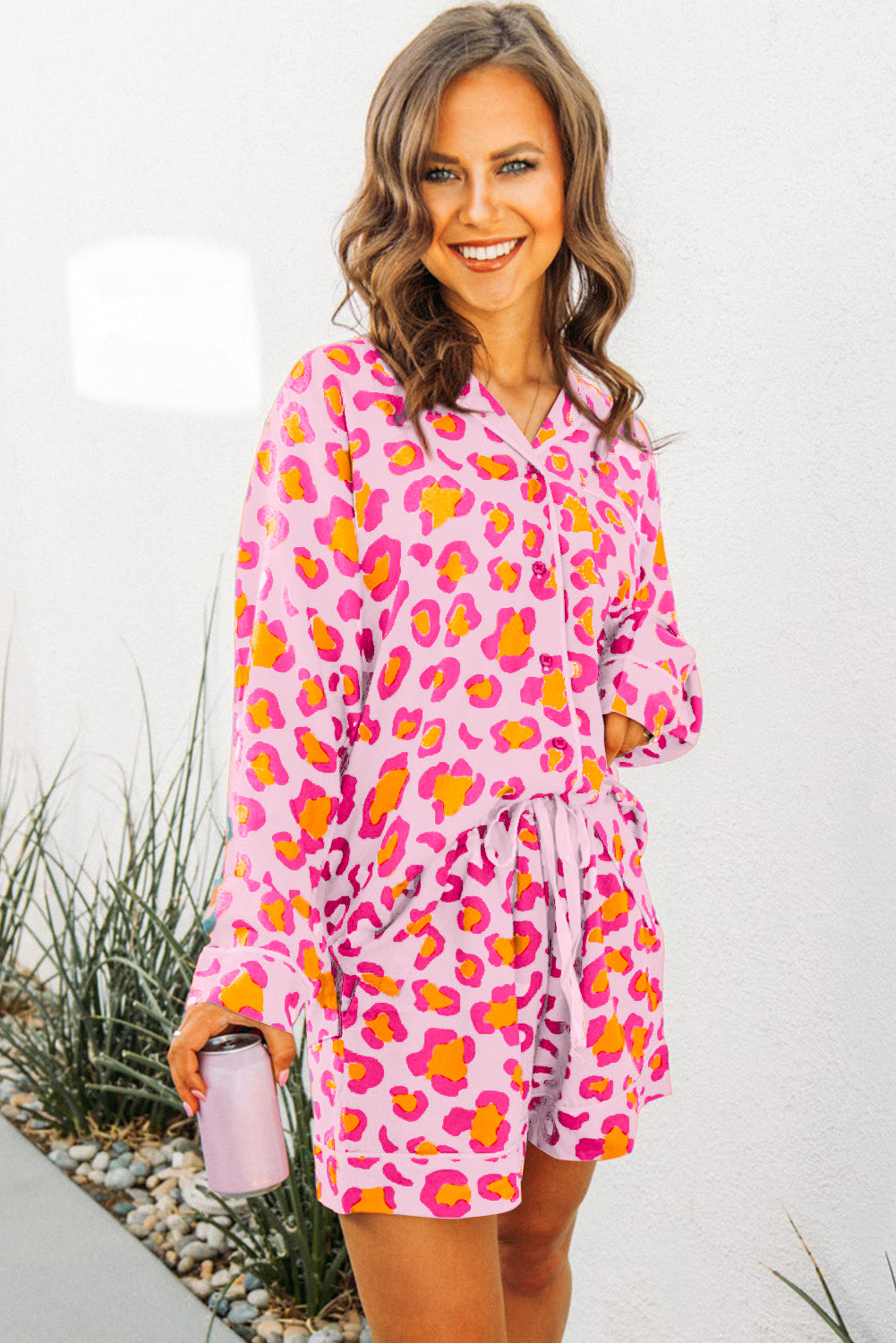 Pink Leopard Print Long Sleeve Shirt and Shorts Pajama Set-20% OFF-[Adult]-[Female]-2022 Online Blue Zone Planet