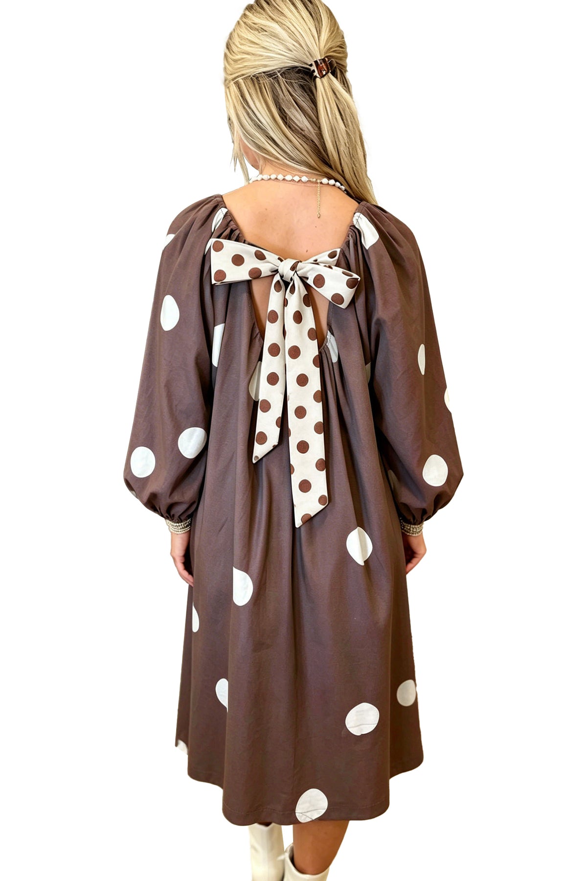 Brown Polka Dot Contrast Bow Knot Back Long Sleeve Midi Dress-TOPS / DRESSES-[Adult]-[Female]-2022 Online Blue Zone Planet