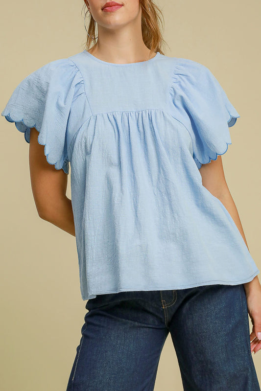 Beau Blue Solid Color Embroidered Scalloped Sleeves Crew Neck Blouse-Tops/Blouses & Shirts-[Adult]-[Female]-Beau Blue-S-2022 Online Blue Zone Planet