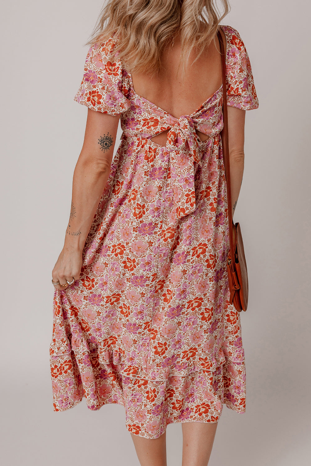 Pink Floral Square Neck Knotted Ruffle Midi Dress-TOPS / DRESSES-[Adult]-[Female]-2022 Online Blue Zone Planet