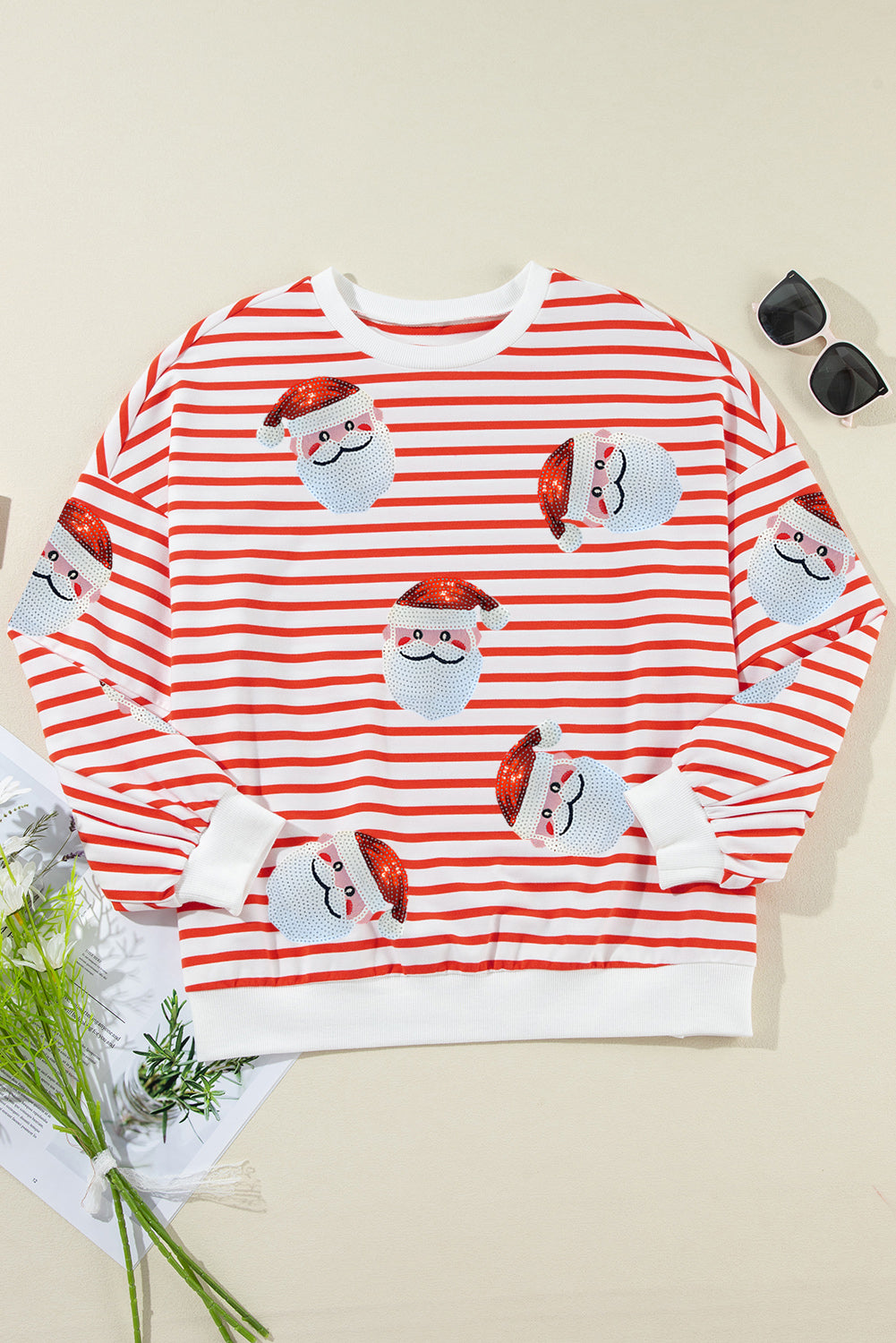 Blue Zone Planet | Orange Stripe Santa Claus Sequins Loose Fitting Sweatshirt-Graphic Sweatshirts-[Adult]-[Female]-2022 Online Blue Zone Planet