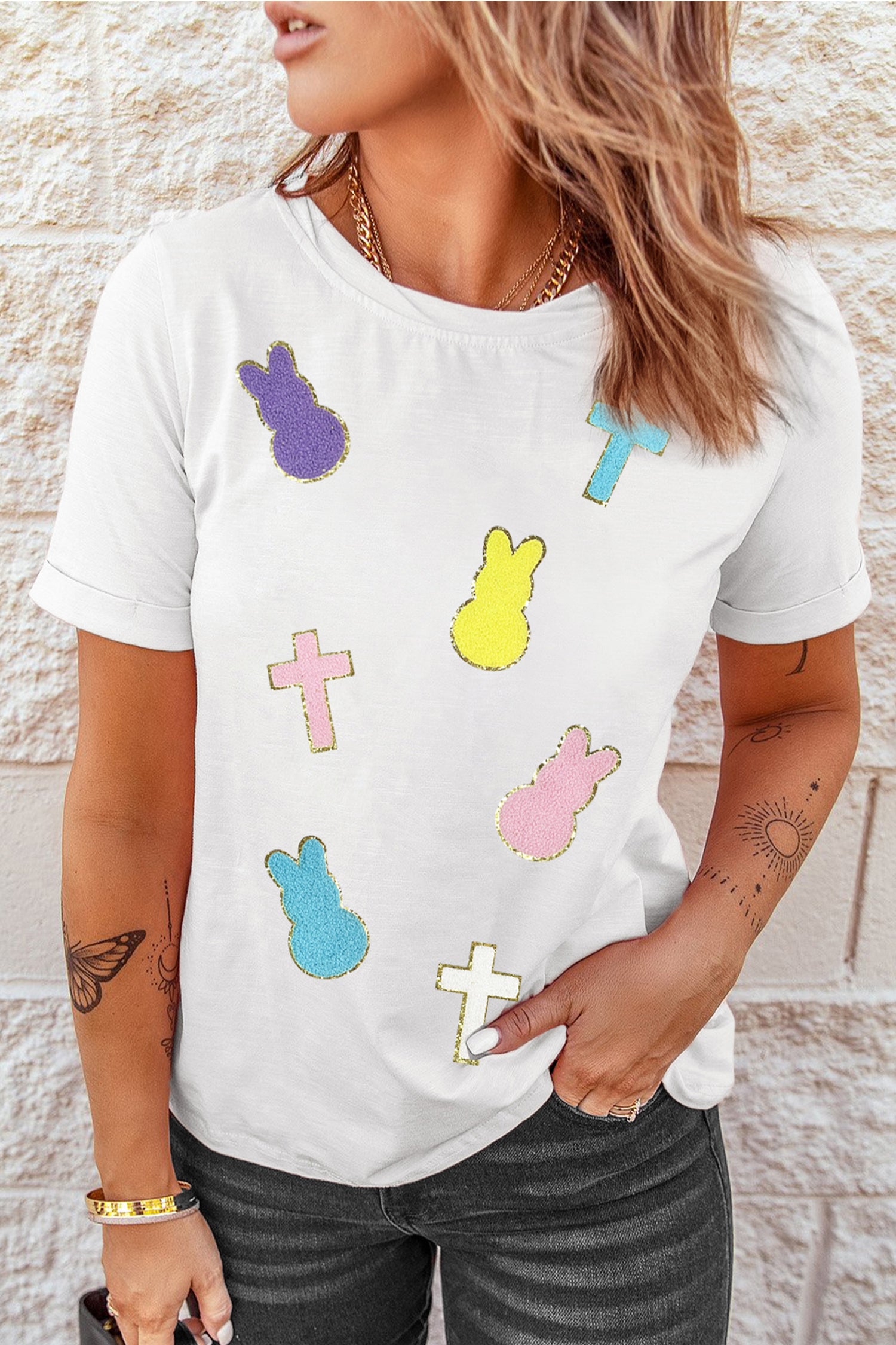 White Chenille Bunny Cross Patch Easter T Shirt-Graphic/Graphic Tees-[Adult]-[Female]-2022 Online Blue Zone Planet