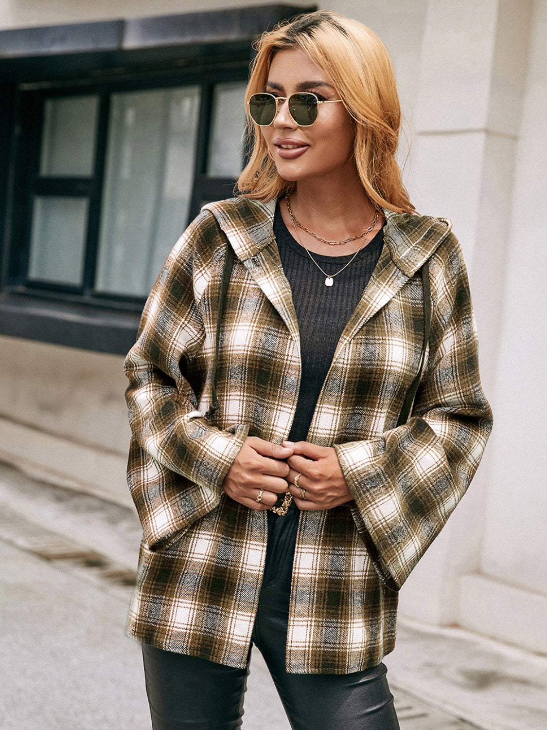 Blue Zone Planet | Pocketed Plaid Long Sleeve Hooded Jacket-TOPS / DRESSES-[Adult]-[Female]-2022 Online Blue Zone Planet