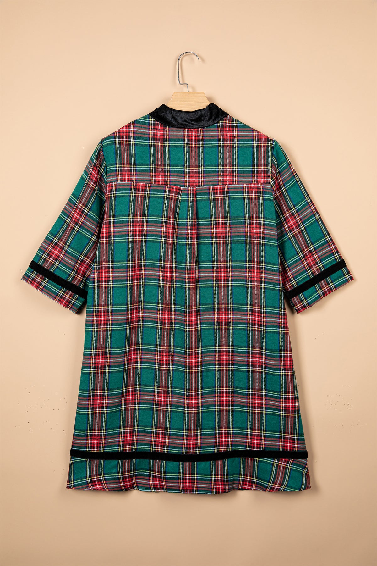 Green Plaid Velvet Trim Pockets Short Shift Dress-TOPS / DRESSES-[Adult]-[Female]-2022 Online Blue Zone Planet