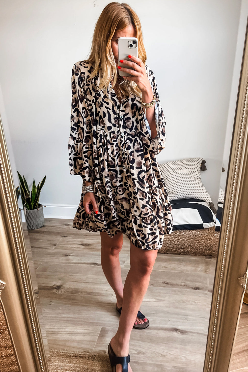 Blue Zone Planet | Black Leopard Print Buttoned Front 3/4 Sleeve Tiered Ruffled Hem Dress-TOPS / DRESSES-[Adult]-[Female]-2022 Online Blue Zone Planet