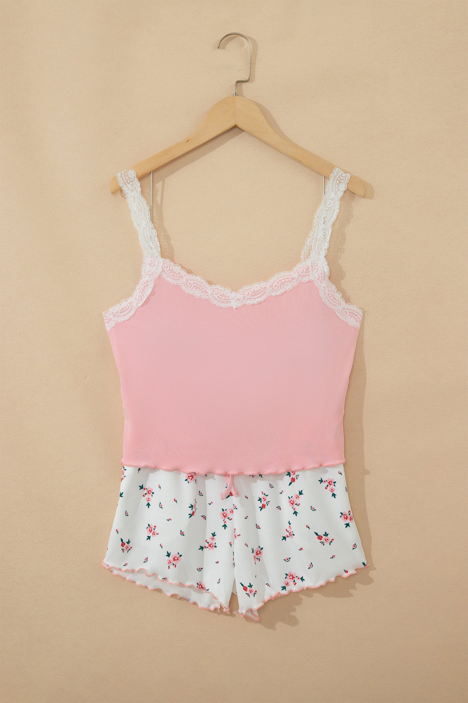 Pink Ribbed Knit Lace Straps Patchwork Lettuce Hem Cropped Top Floral Short Lounge Set-Loungewear & Sleepwear/Loungewear-[Adult]-[Female]-2022 Online Blue Zone Planet