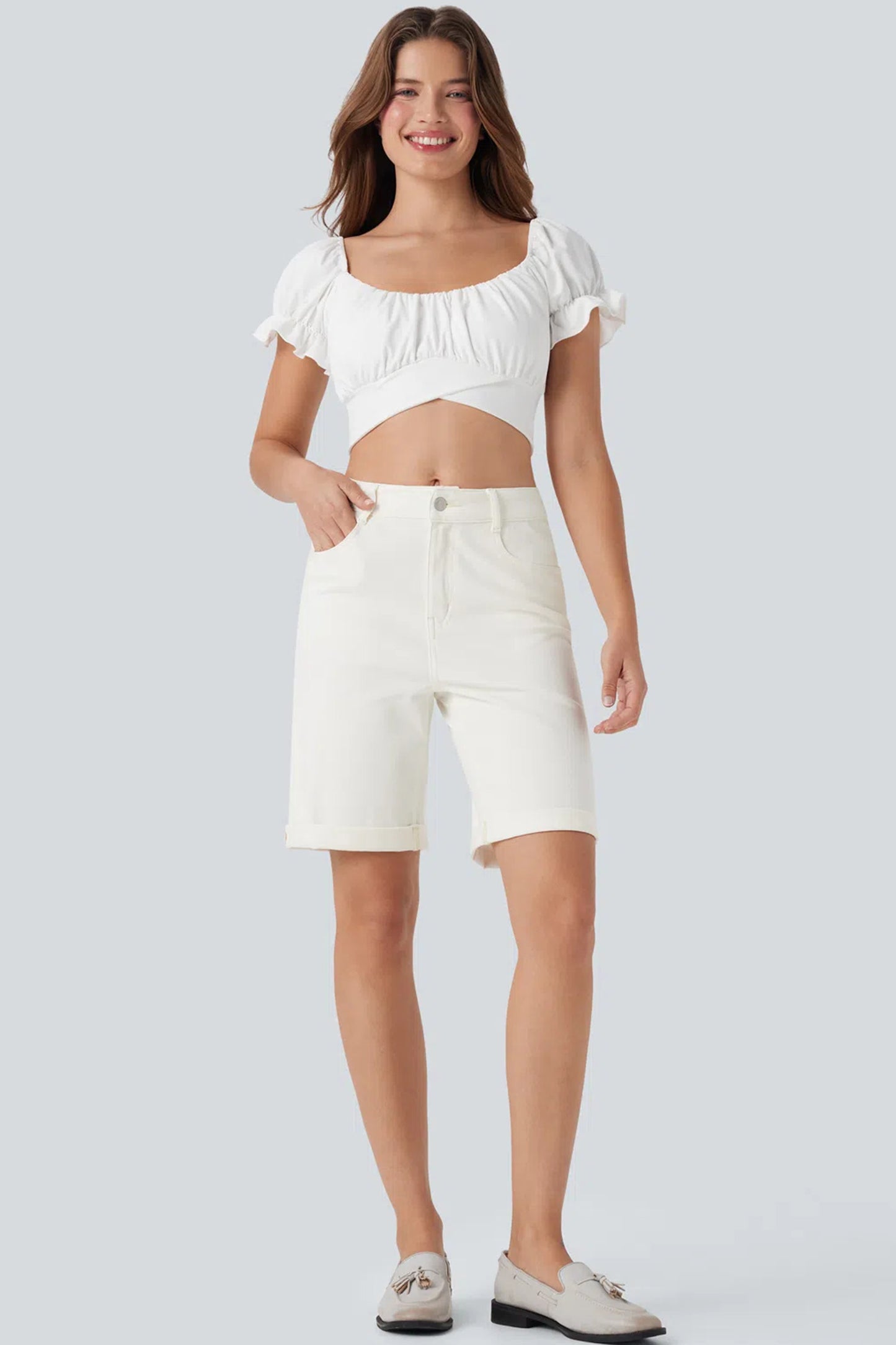 White Solid Color Rolled Cuffs Denim Bermuda Shorts-Bottoms/Denim Shorts-[Adult]-[Female]-2022 Online Blue Zone Planet