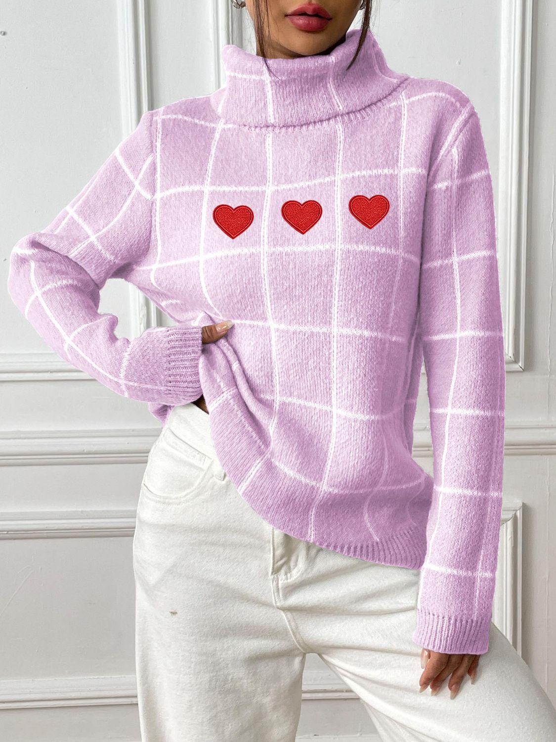 Heart Plaid Turtleneck Long Sleeve Sweater-TOPS / DRESSES-[Adult]-[Female]-2022 Online Blue Zone Planet