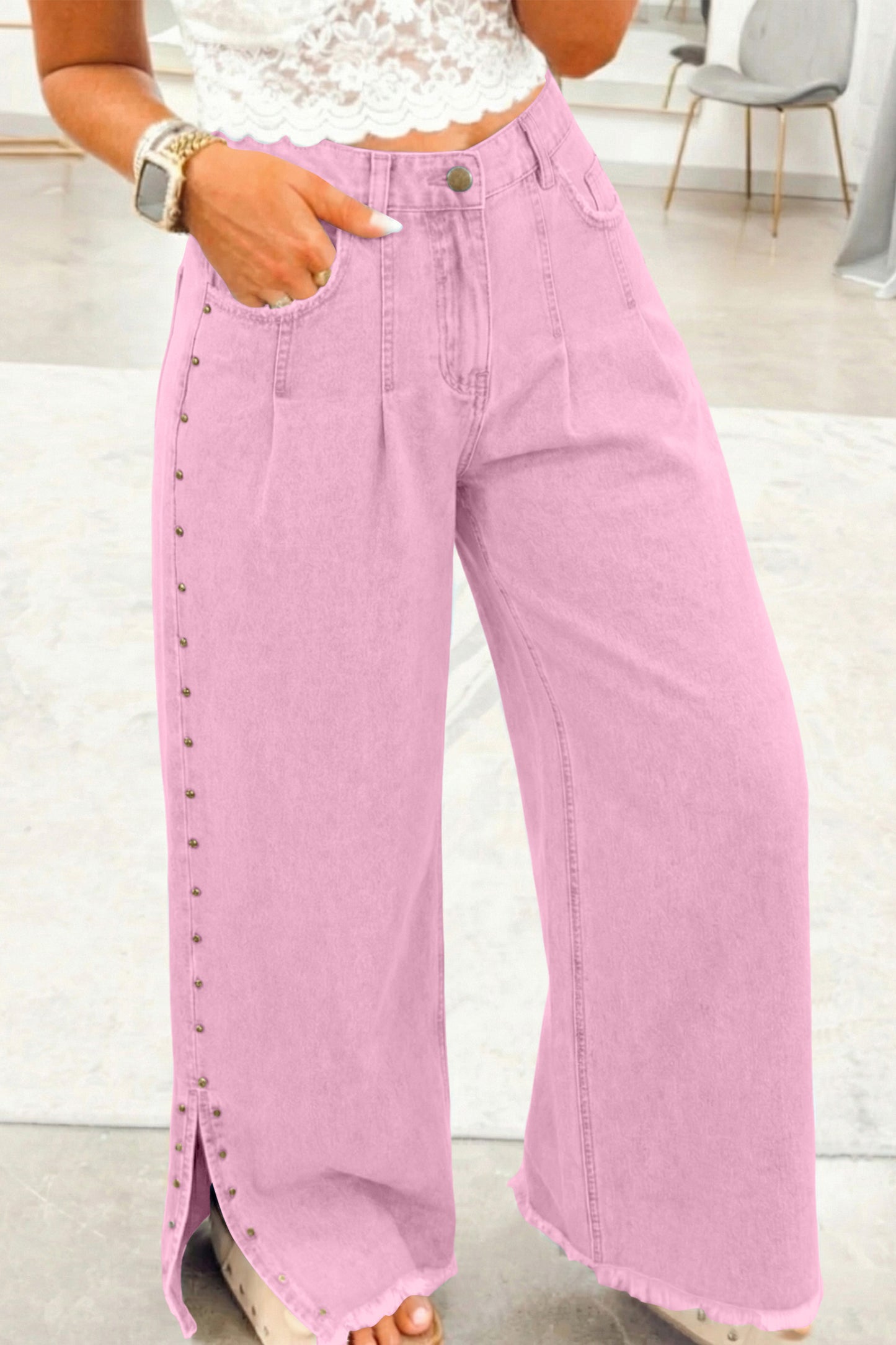 Pink Beaded Side Detail Split Loose Jeans-Bottoms/Jeans-[Adult]-[Female]-Pink-4-2022 Online Blue Zone Planet
