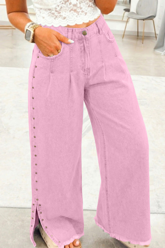 Pink Beaded Side Detail Split Loose Jeans-Bottoms/Jeans-[Adult]-[Female]-Pink-4-2022 Online Blue Zone Planet