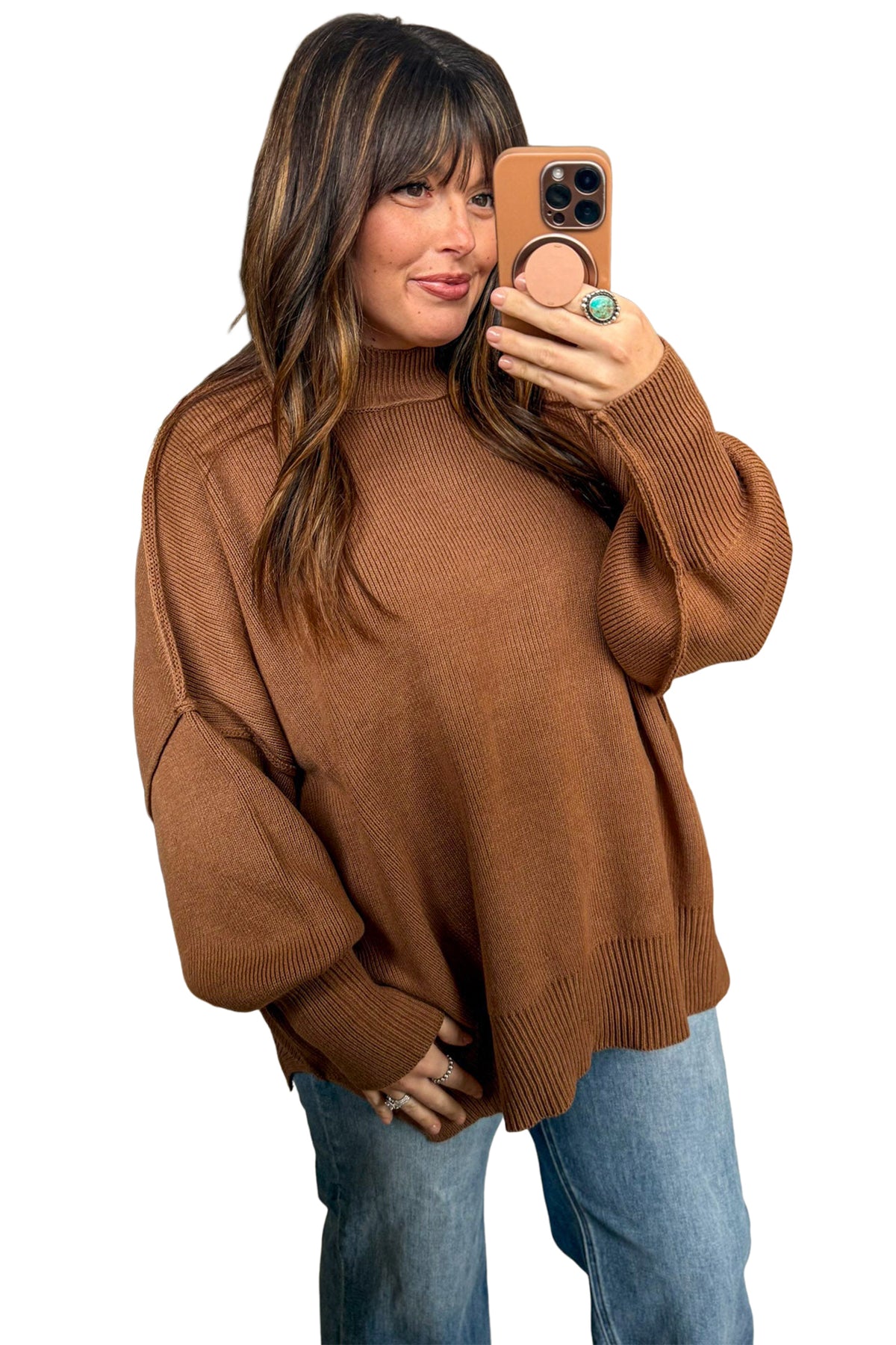 Chestnut Oversized Ribbed Knit Long Sleeve Tunic Plus Size Sweater-TOPS / DRESSES-[Adult]-[Female]-2022 Online Blue Zone Planet