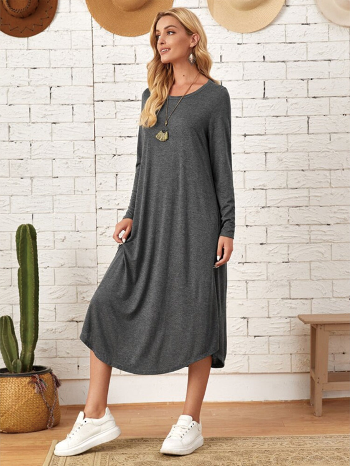 Pocketed Round Neck Long Sleeve Tee Dress-TOPS / DRESSES-[Adult]-[Female]-2022 Online Blue Zone Planet