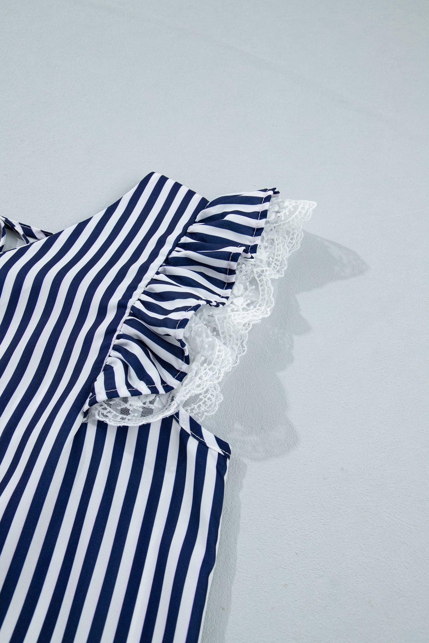 Blue Stripe V Neck Lace Contrast Ruffle Trim Tank Top-Tops/Tank Tops-[Adult]-[Female]-2022 Online Blue Zone Planet