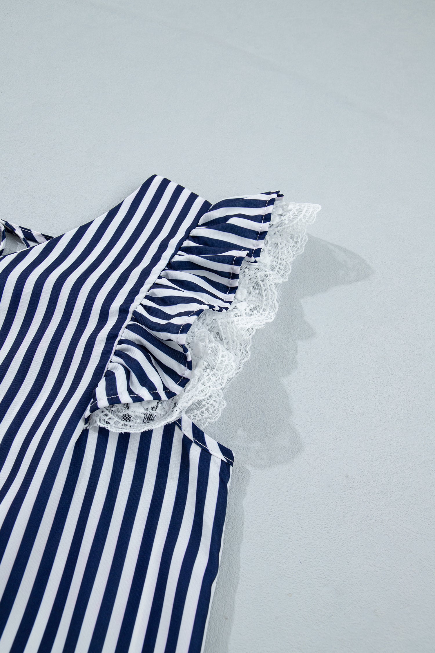 Blue Stripe V Neck Lace Contrast Ruffle Trim Tank Top-Tops/Tank Tops-[Adult]-[Female]-2022 Online Blue Zone Planet