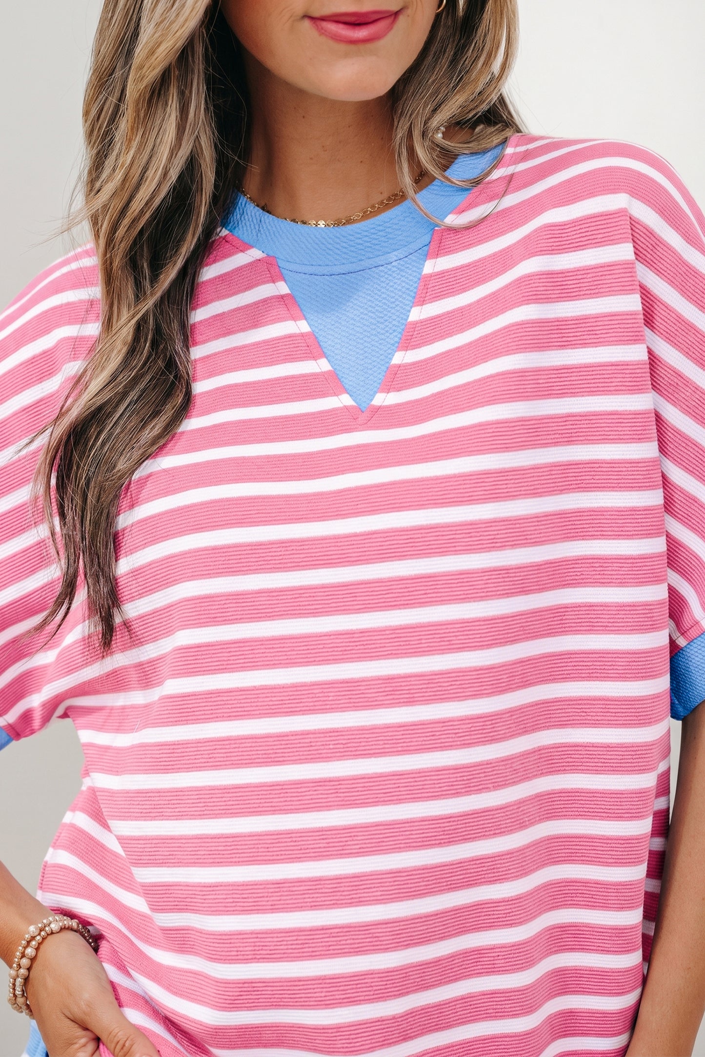 Pink Stripe Contrast Trim Loose Short Sleeve Top-Tops/Tops & Tees-[Adult]-[Female]-2022 Online Blue Zone Planet