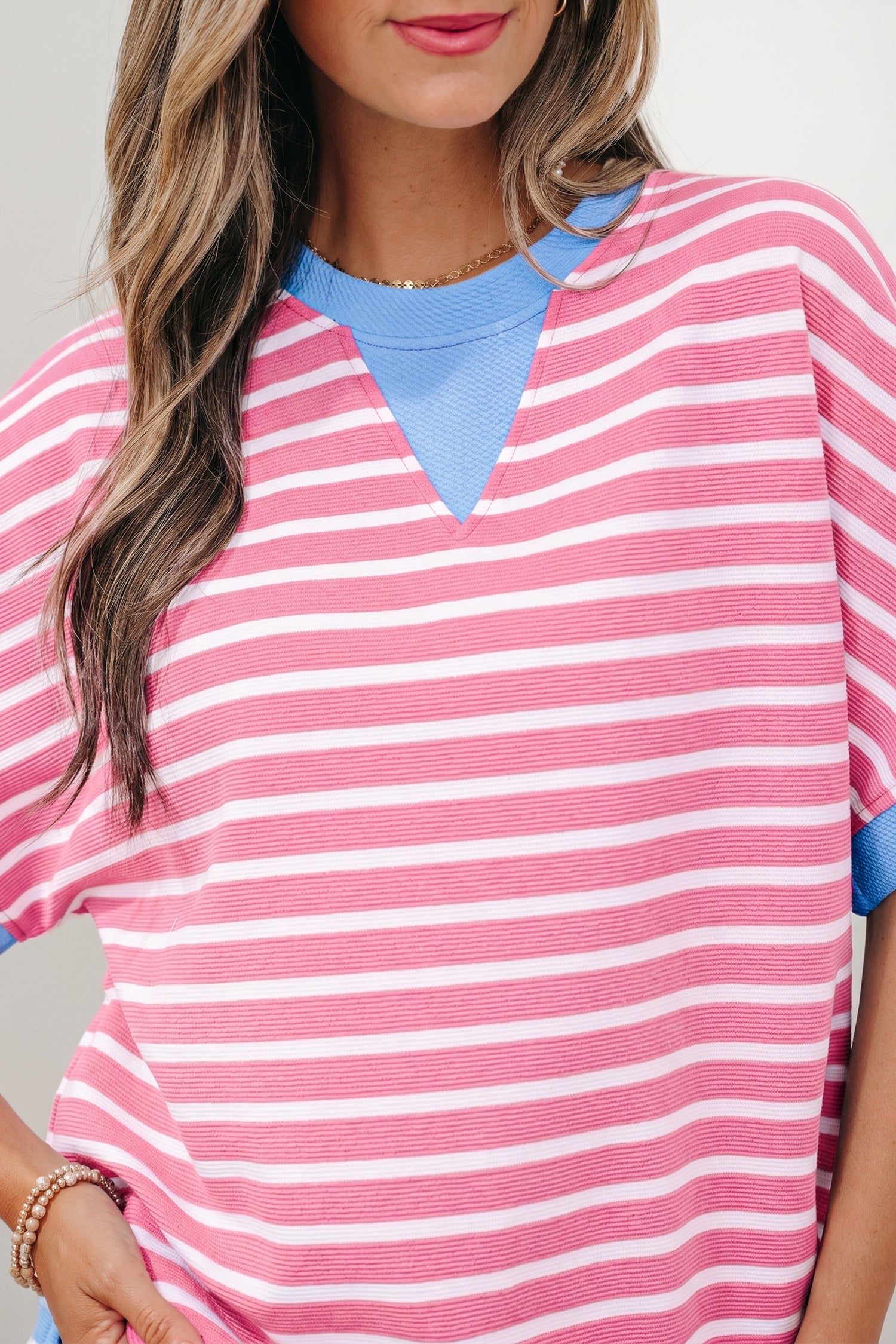 Pink Stripe Contrast Trim Loose Short Sleeve Top-Tops/Tops & Tees-[Adult]-[Female]-2022 Online Blue Zone Planet