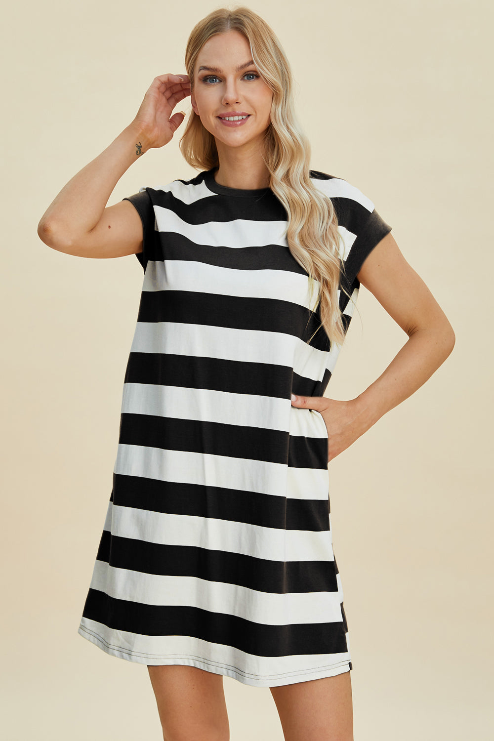 Basic Bae Full Size Striped Round Neck Cap Sleeve Mini Dress-TOPS / DRESSES-[Adult]-[Female]-Black-S-2022 Online Blue Zone Planet