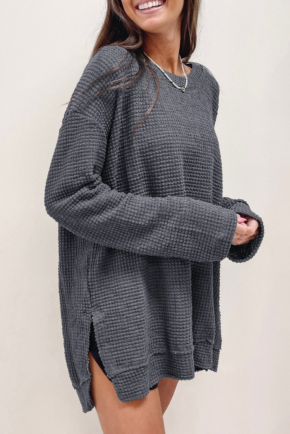 Black Waffle Knit High Slits Oversized Top-Tops/Long Sleeve Tops-[Adult]-[Female]-2022 Online Blue Zone Planet