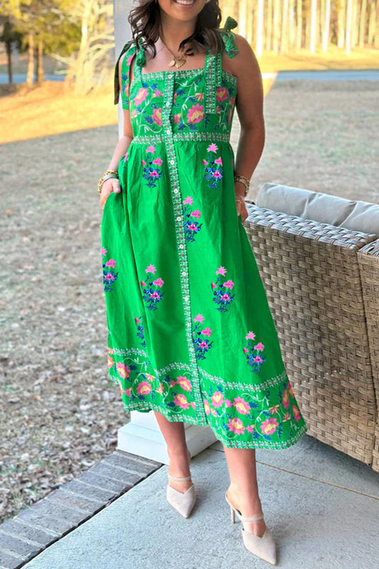 Green Floral Print Contrast Trim Knotted Straps Midi Dress-TOPS / DRESSES-[Adult]-[Female]-2022 Online Blue Zone Planet