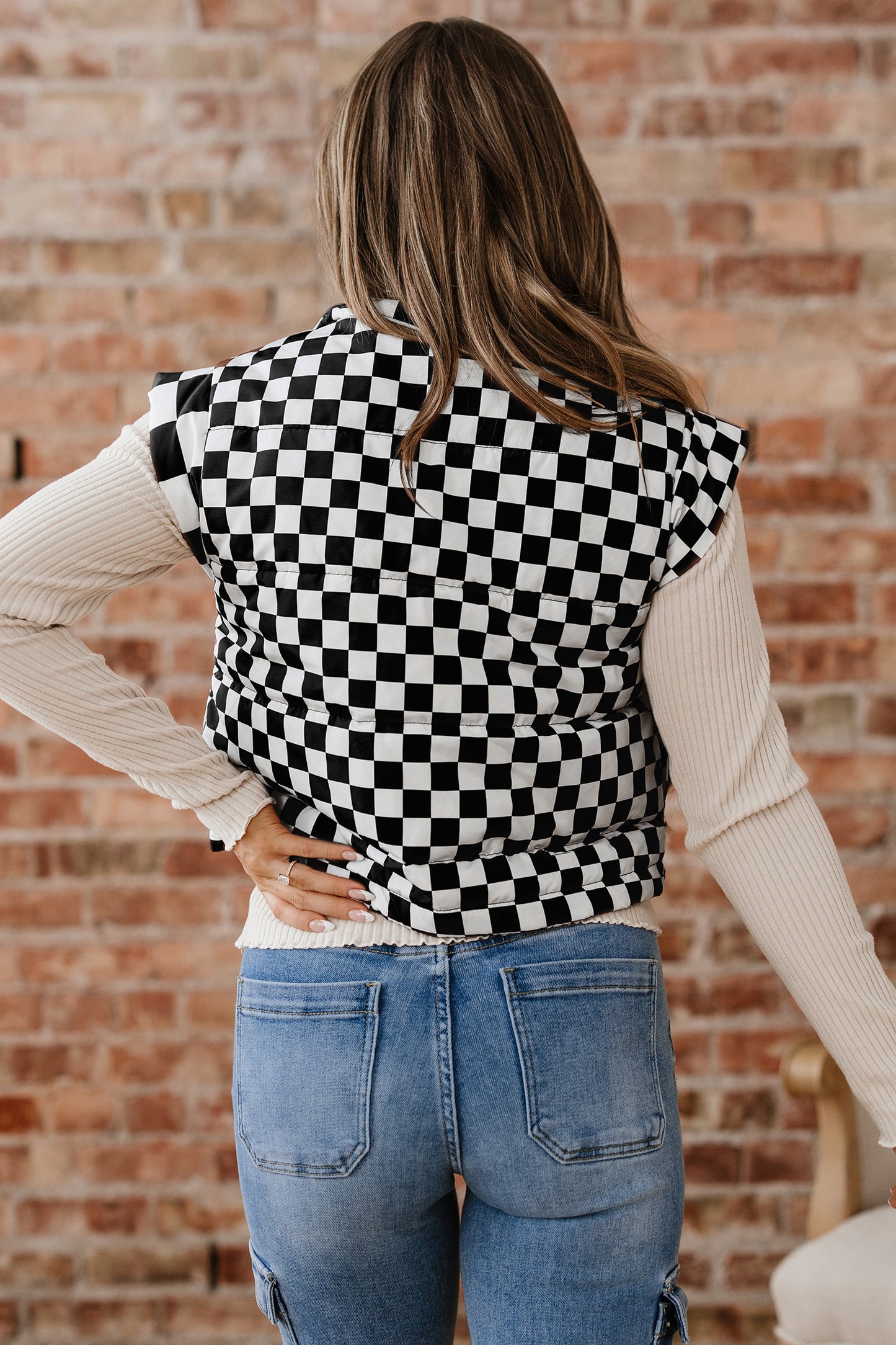 Black Double Checked Stand Collar Cropped Puffer Vest-Outerwear/Vests-[Adult]-[Female]-2022 Online Blue Zone Planet