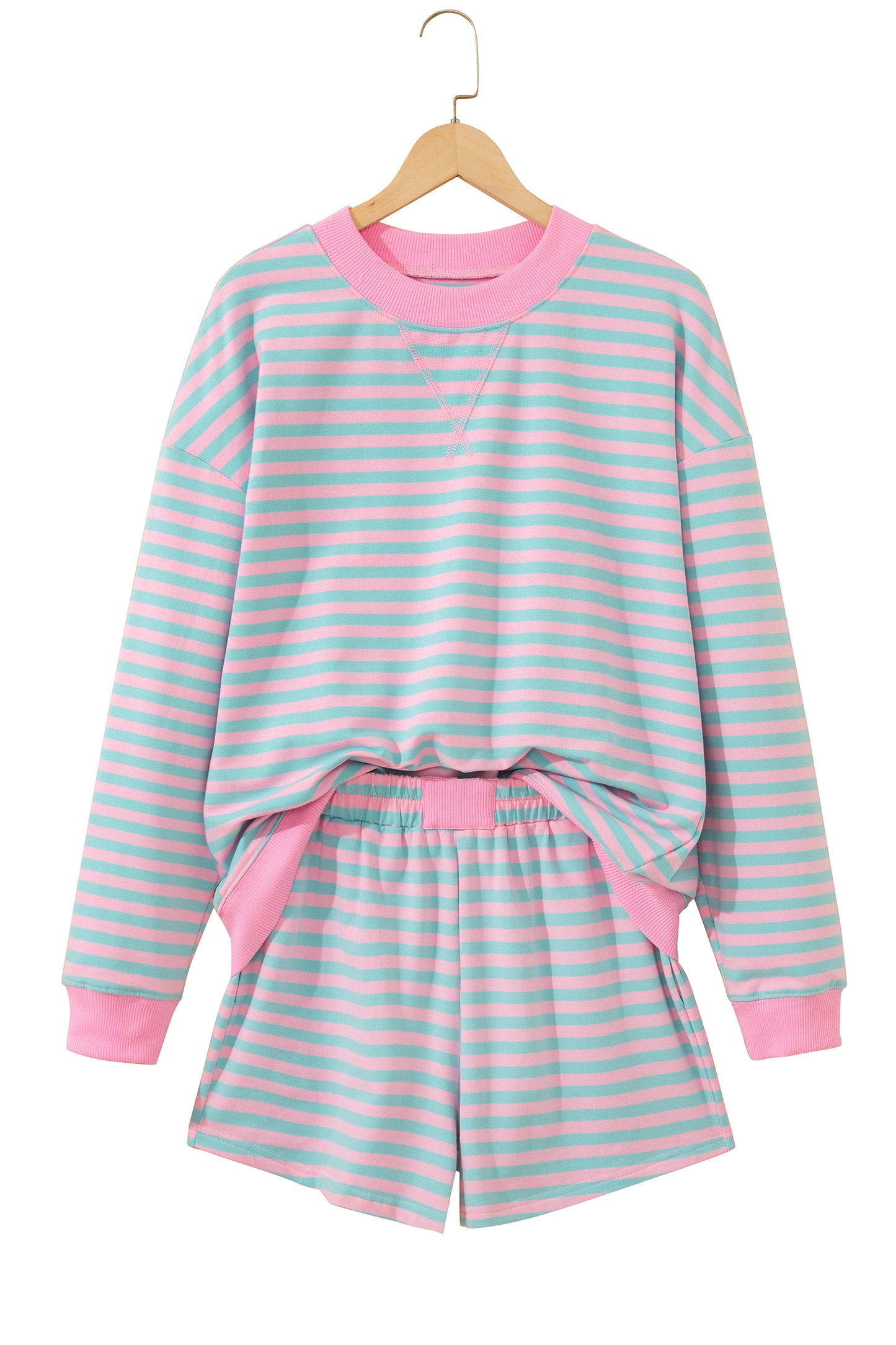 Pink Stripe Color Block Detail Long Sleeve Pullover Elastic Waist Pull On Shorts 2pcs Set-Two Piece Sets/Short Sets-[Adult]-[Female]-2022 Online Blue Zone Planet