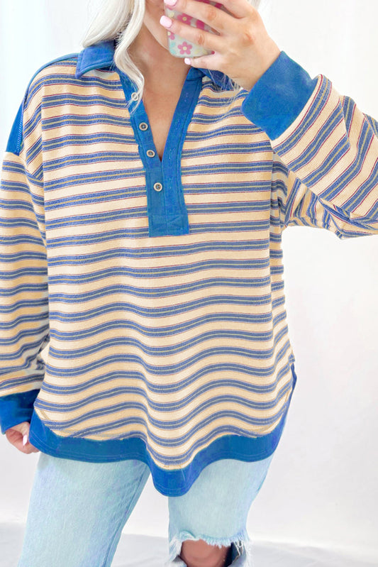Pink Stripe Collared V Neck Drop Shoulder Top-Long Sleeve Tops-[Adult]-[Female]-Blue Stripe-S-2022 Online Blue Zone Planet