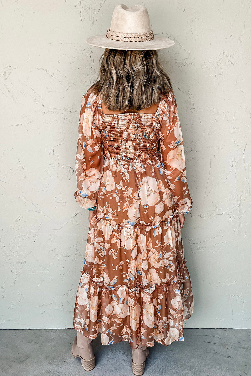 Brown Floral Print Shirred Square Neck High Waist Maxi Dress-Dresses/Maxi Dresses-[Adult]-[Female]-2022 Online Blue Zone Planet