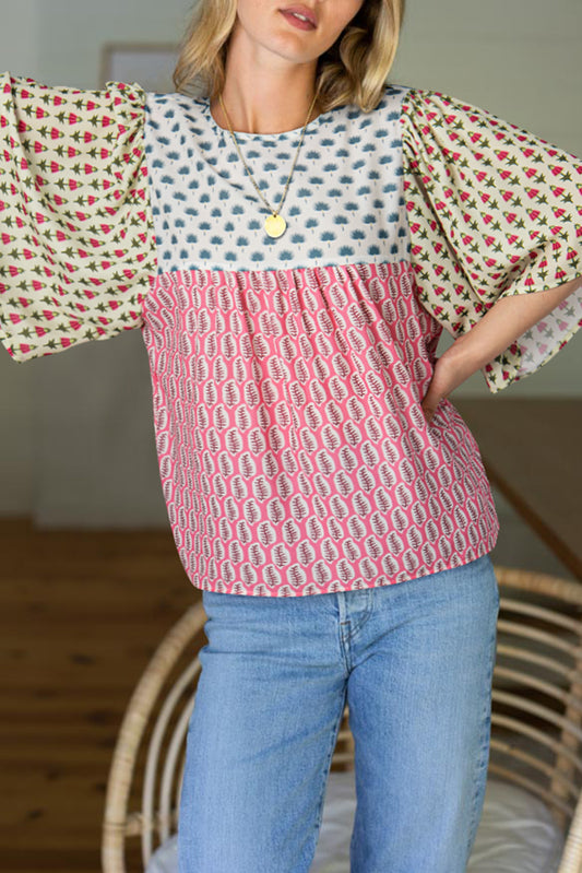 Red Floral Colorblock Flutter Cape Style Sleeves Blouse-Tops/Blouses & Shirts-[Adult]-[Female]-Red-S-2022 Online Blue Zone Planet