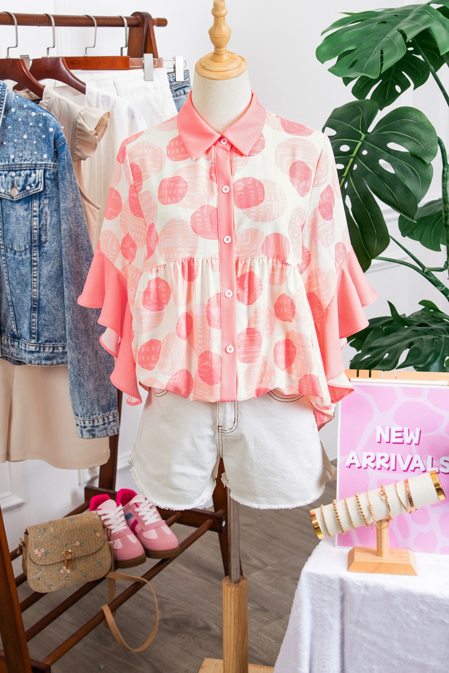 Pink Double Polka Dot Printed Ruffle Trim Short Sleeve Babydoll Shirt-Tops/Blouses & Shirts-[Adult]-[Female]-2022 Online Blue Zone Planet